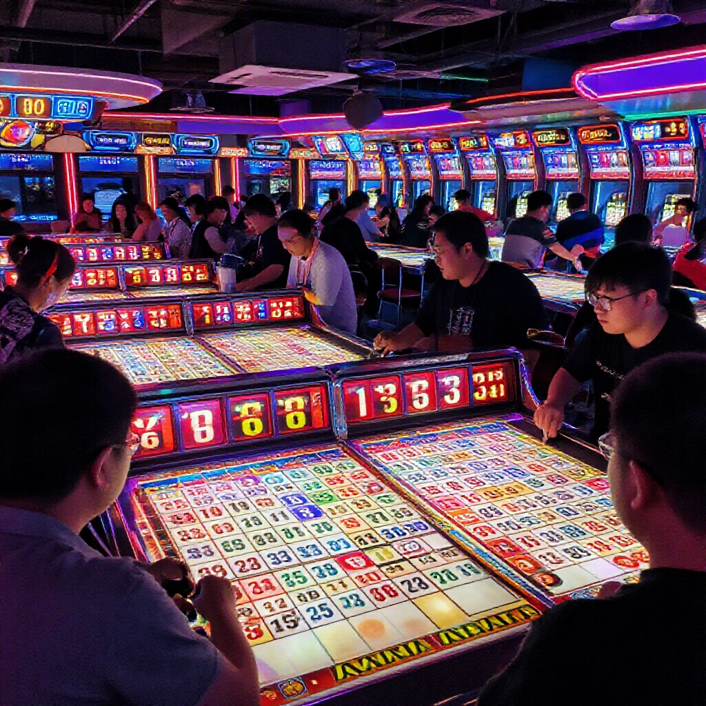 台灣賓果賓果廳計時器滴答，每五分鐘開獎，玩家熱切選四星號碼，霓虹燈閃爍高能量氛圍