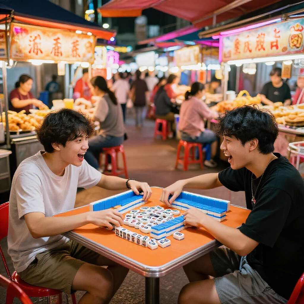 台灣夜市熱鬧攤位,兩玩家對坐小桌,桌上滿是筒子麻將牌,霓虹燈下充滿活力,背景有小吃攤跟人群
