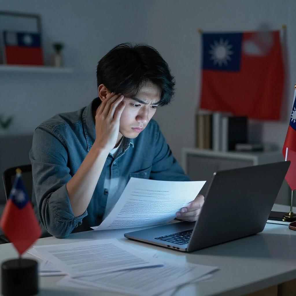 一位年輕台灣男子在家辦公室擔憂閱讀法律文件,周圍散落法院文件與台灣國旗