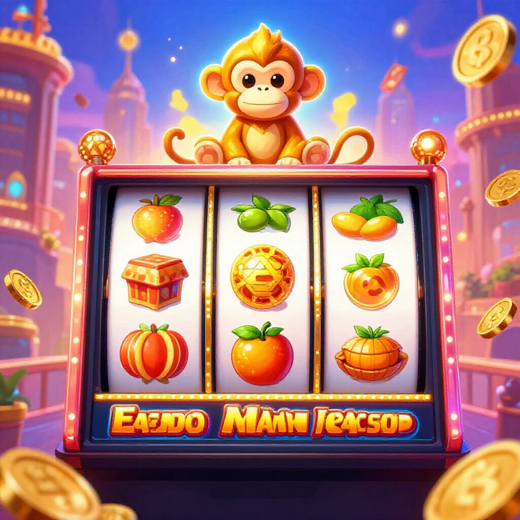金猴爺老虎機遊戲畫面,旋轉捲軸上有金猴圖示、水果寶物和虛擬金幣,背景是熱鬧的娛樂城氛圍