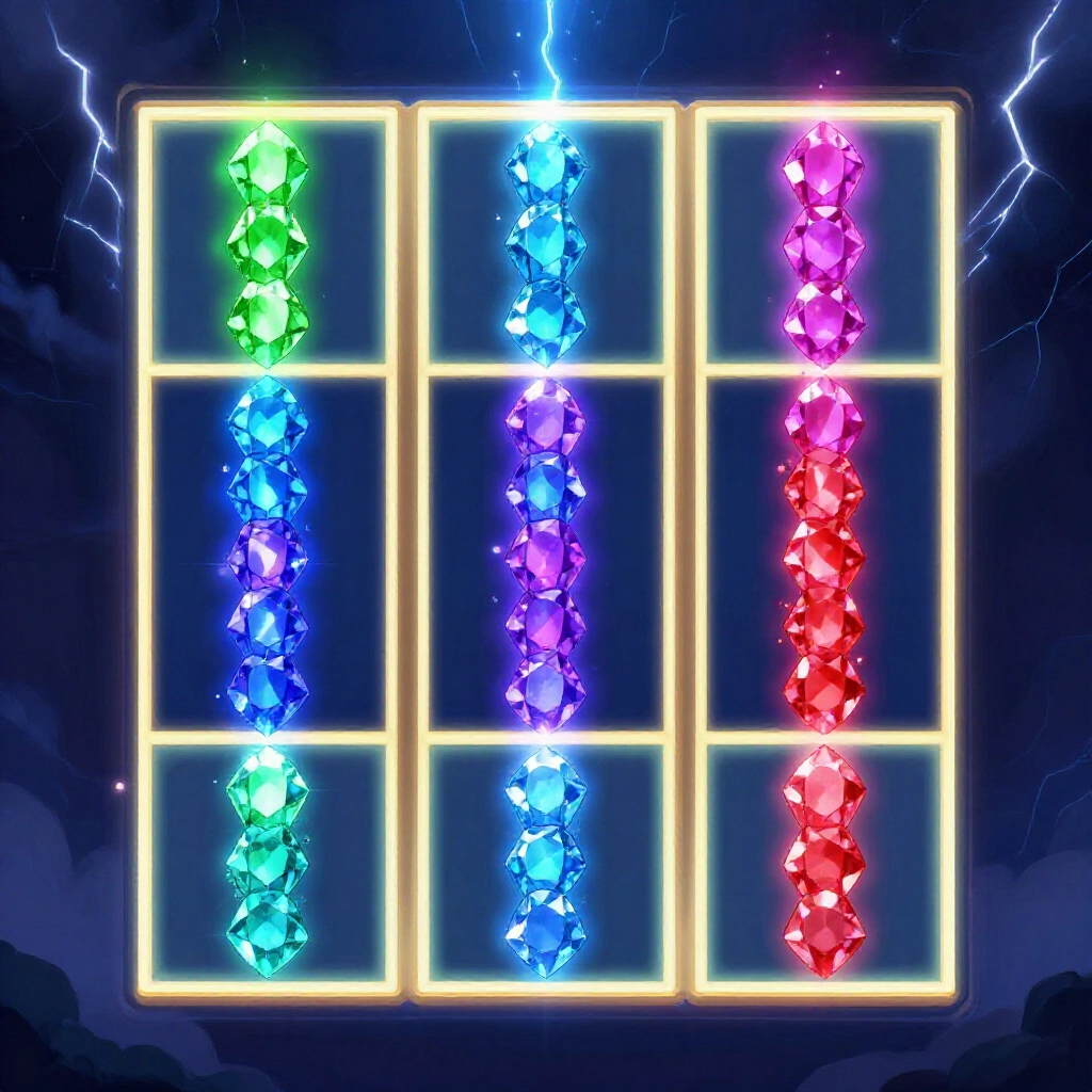 Cascading gems in green, blue, purple, and red bursting on a 6x5 glowing slot grid amid dramatic thunder effects