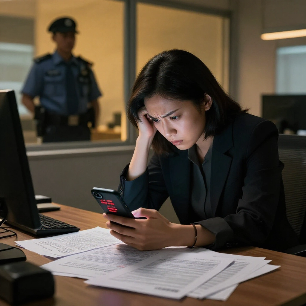焦慮玩家盯著手機收到賭博違規通知紅色警示,台灣法律文件散落桌前窗外警察陰影,緊張琥珀燈光