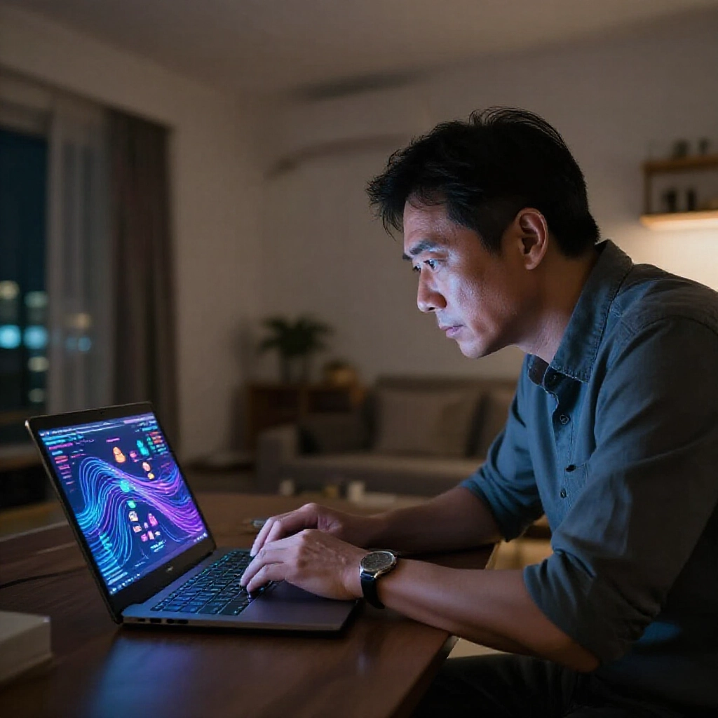 昏暗燈光下的現代台灣公寓,一位中年男子穿著休閒服,專注盯著筆電螢幕,畫面顯示抽象資料流與變換的彩色品牌圖示,象徵娛樂城平台的演進,用冷藍紫色調呈現