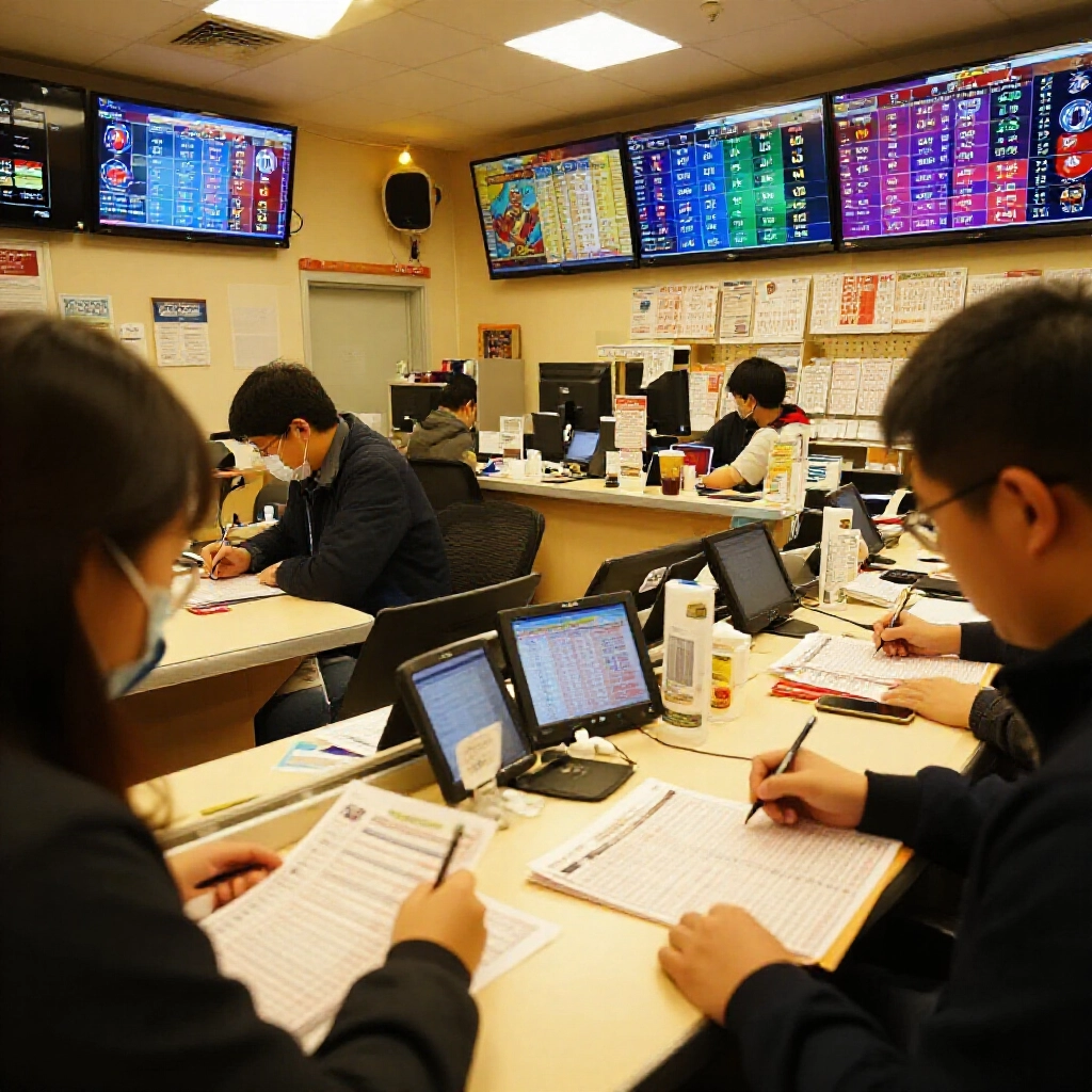 台灣彩券店內，客人填歐洲杯投注單，螢幕秀賠率跟隊徽，燈光溫暖