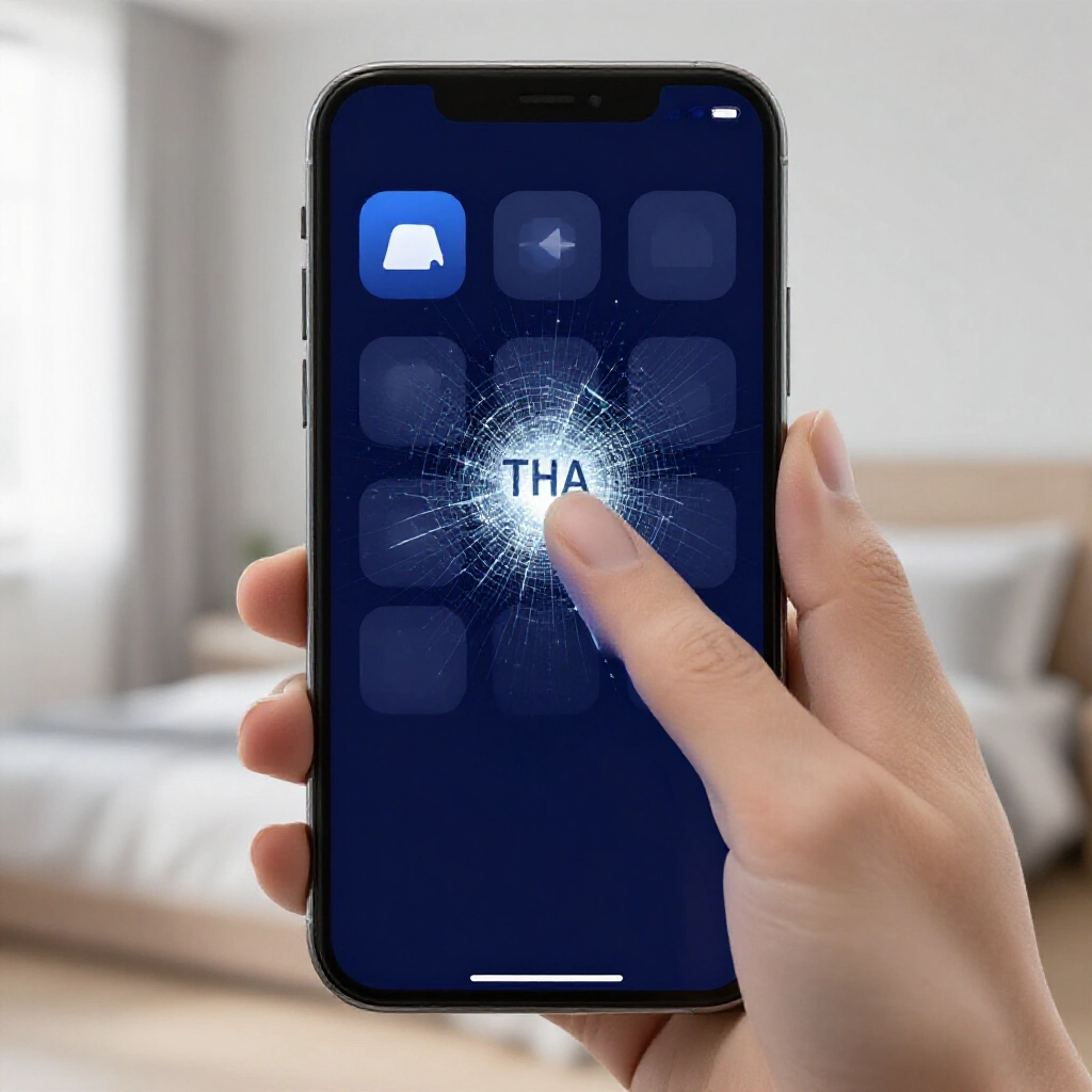 iPhone THA App圖示閃退崩潰，用戶手指狂點主畫面，暗黑模式藍調，現代臥室環境
