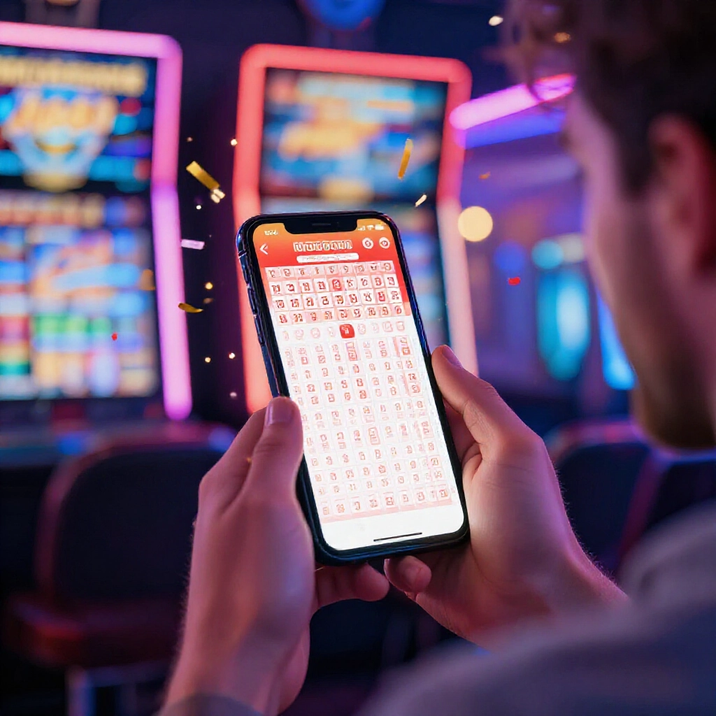 excited player checking lottery results on phone screen with five winning numbers including their chosen digit confetti bursting around jackpot payout display in vibrant neon casino lighting