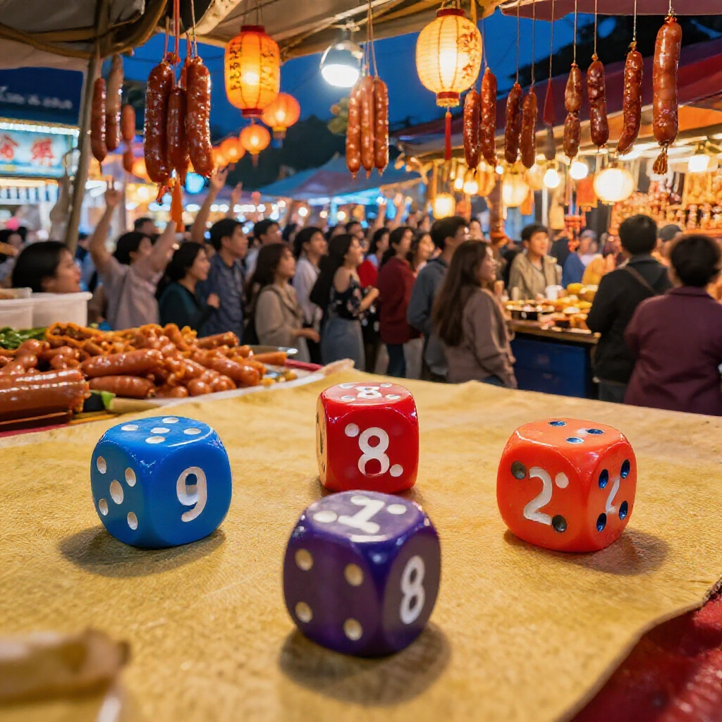 三顆彩色骰子散落在夜市攤位桌上，顯示十八仔獲勝組合，周圍有香腸、燈籠和歡呼人群在繽紛晚間燈光中