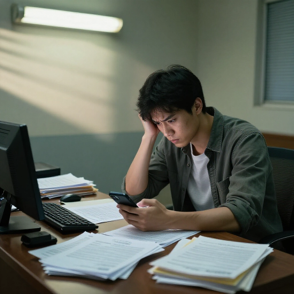警察局辦公桌堆滿傳票法院文件,擔憂年輕男子盯著手機,刺眼螢光燈投下焦慮陰影,傳達法律恐懼與程序壓力