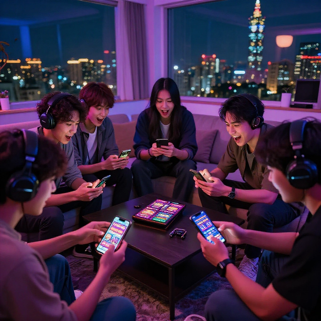 台灣玩家在溫馨夜間客廳圍桌熱議手機娛樂城 App，窗外台北天際線閃耀