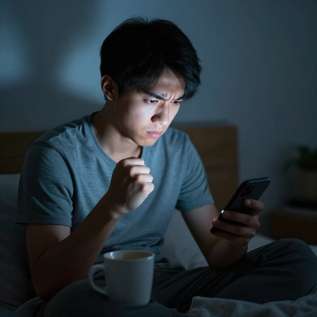 深夜臥室中一位年輕台灣男子眉頭深鎖握緊咖啡杯專注盯著手機螢幕瀏覽博弈論壇PTT貼文表情充滿擔憂