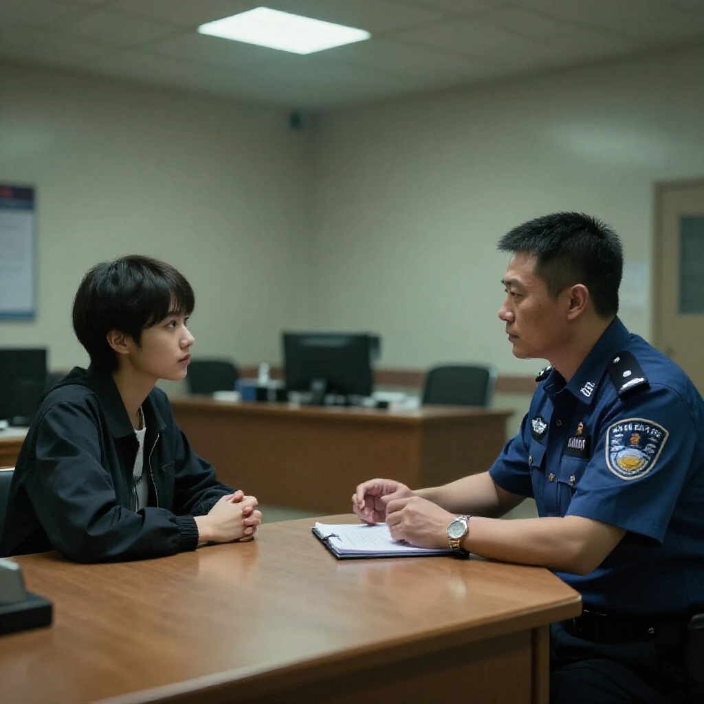 模擬警察局偵訊室，年輕人坐在制服警官對面，冷靜比手勢，桌上筆記本打開，專注表情，昏暗頂燈木桌椅中性色調