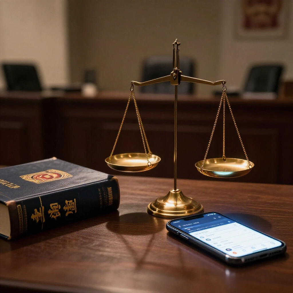 昏暗法庭金色天平一側堆滿台灣刑法書籍,另一側發光智慧型手機顯示線上博弈介面,戲劇性陰影營造緊張權威氛圍