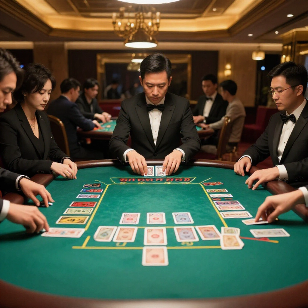 豪華賭場內部綠呢百家樂桌在柔和聚光燈下，牌面顯示莊閒和位置，專注亞洲玩家注視鞋牌與計分卡，溫暖氛圍營造緊張氣氛