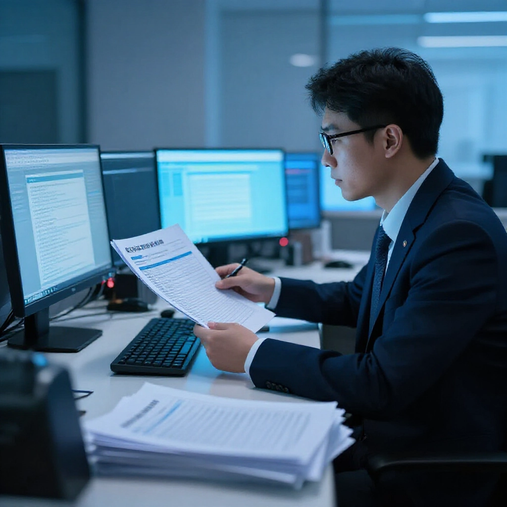 專業分析師在台灣現代辦公室檢視法律風險與博弈平台圖表，文件堆疊與螢幕發出柔和藍光