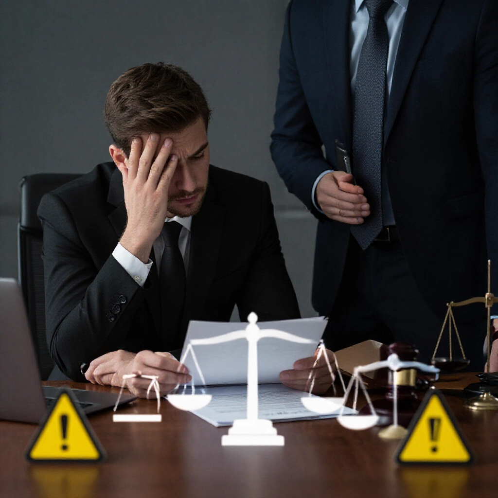 律師諮詢擔心的玩家，桌上法律文件、正義天平圖示、警示訊號，戲劇性昏暗燈光，值得信賴的專業場面
