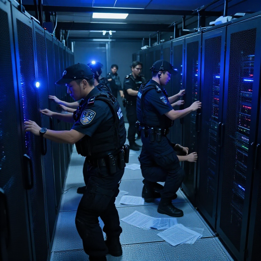 台中警方突襲機房，特勤人員在閃爍藍光下衝入，電腦伺服器嗡嗡作響，文件散落，技術人員驚呆當場