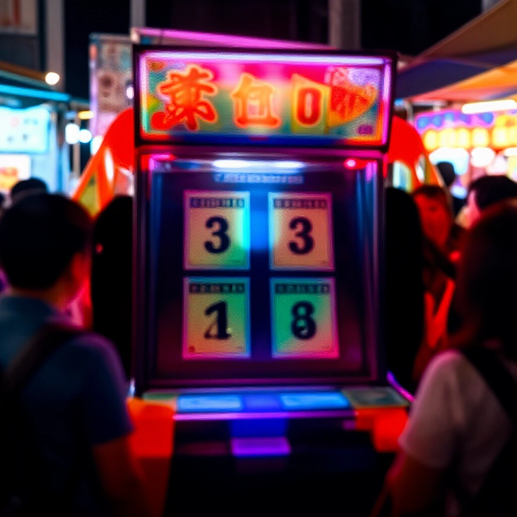 台灣夜市熱鬧的樂透攤位,發光的票券顯示四個中獎號碼,周圍興奮玩家在彩色霓虹燈下聚集