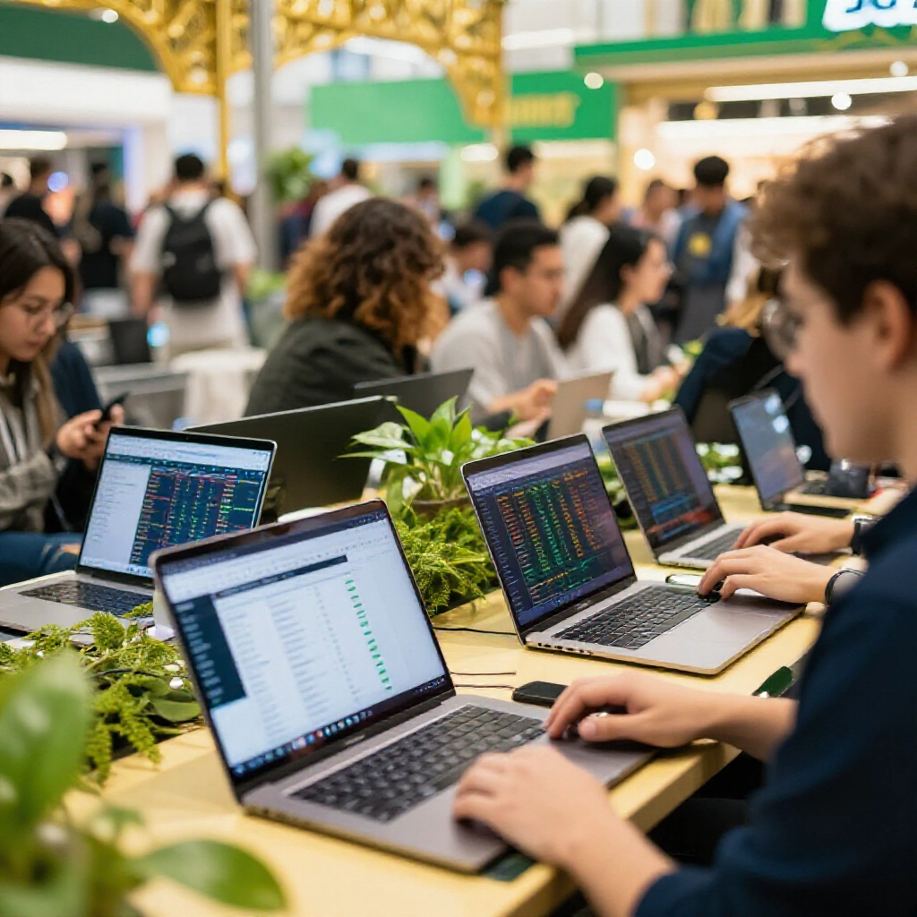 線上交易平台顯示匯率比較的明亮市場場景,筆電與人群活力綠金色調