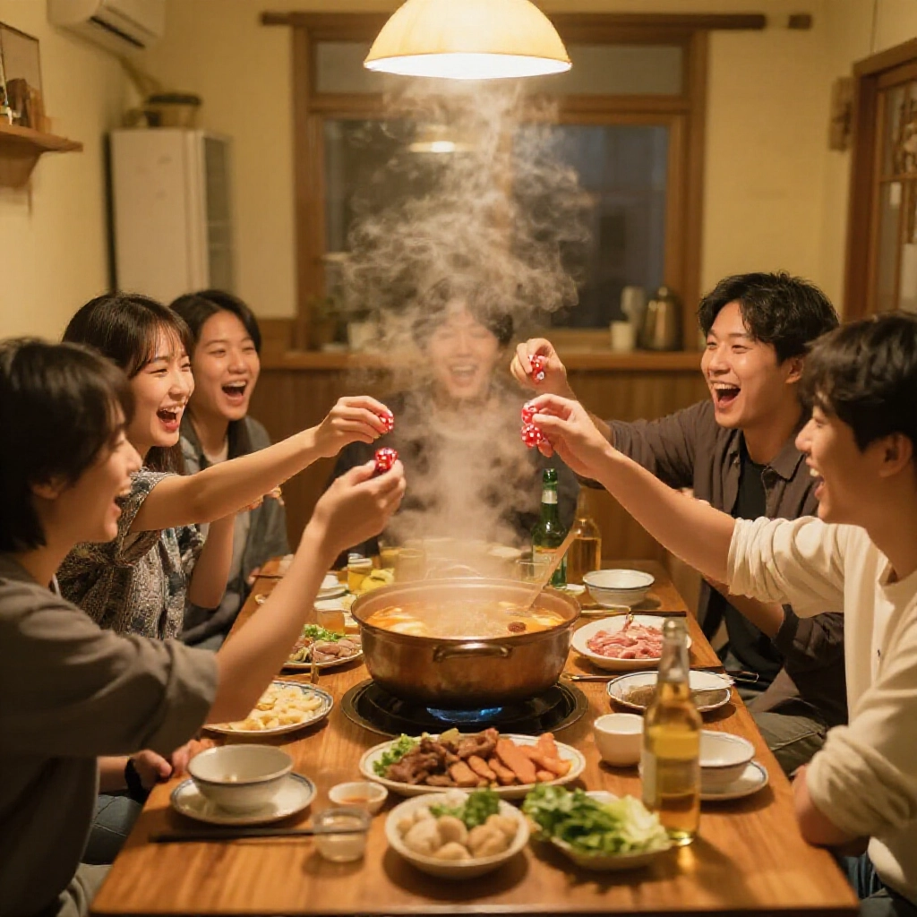 一群年輕朋友在溫馨台灣居家圍著熱氣騰騰的火鍋桌，興奮搖晃紅色骰子，周圍有笑聲、啤酒瓶和溫暖黃光