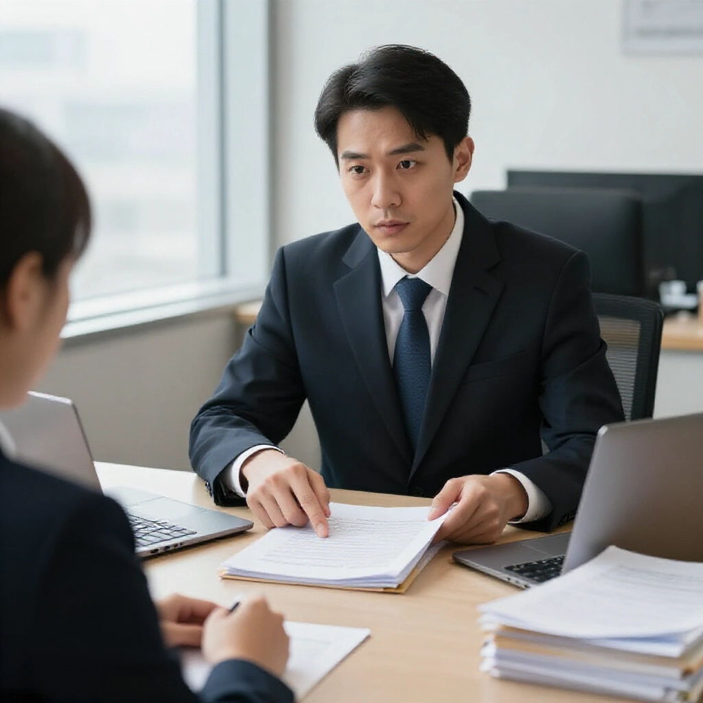 台灣辦公室嚴肅律師指向法律文件，對面擔憂客戶，案例檔案堆疊，筆電顯示法院紀錄，自然窗光專業氛圍