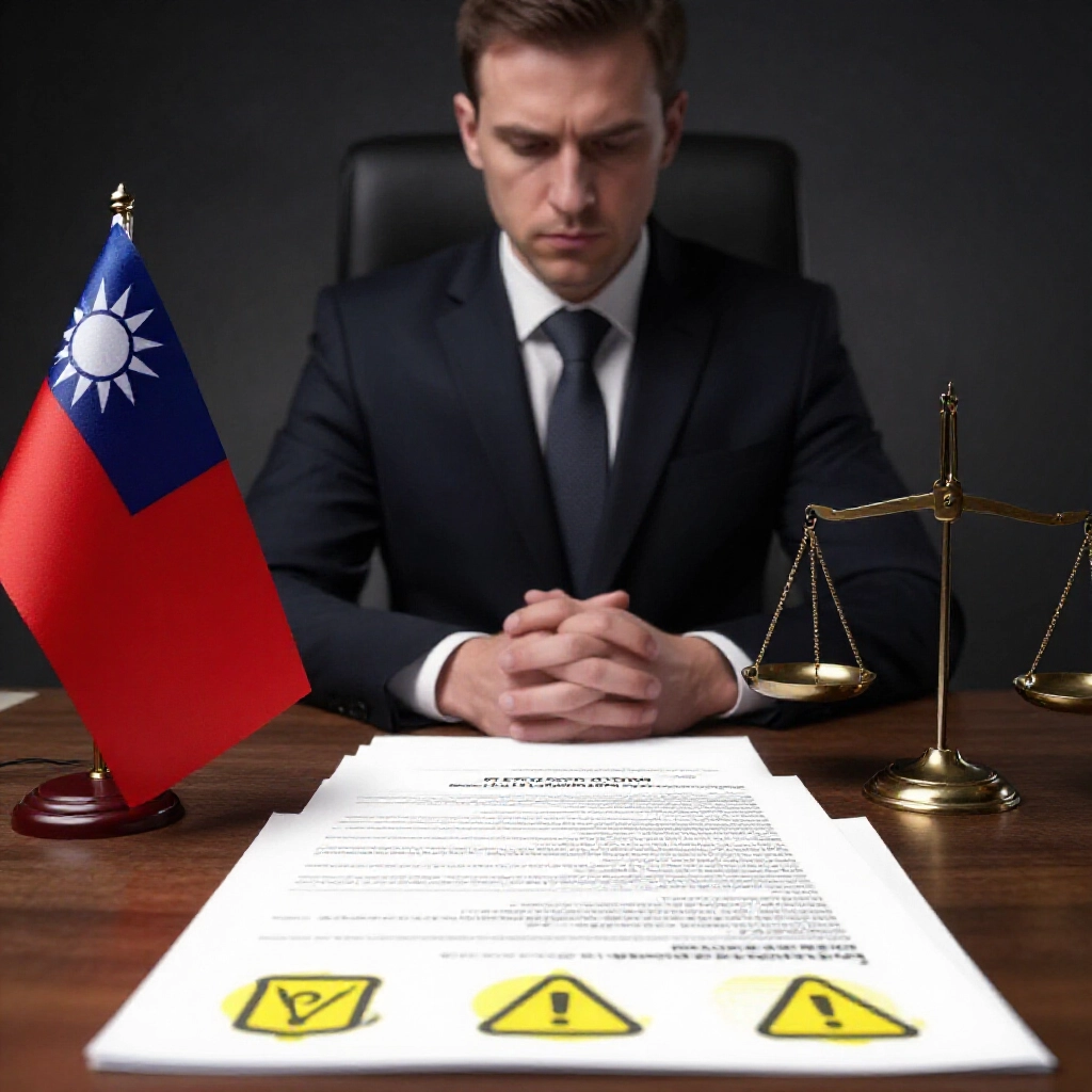一位嚴肅專業人士審閱法律文件與博弈法警示圖示,桌上台灣國旗與正義天平,昏暗燈光營造警示與嚴肅氛圍