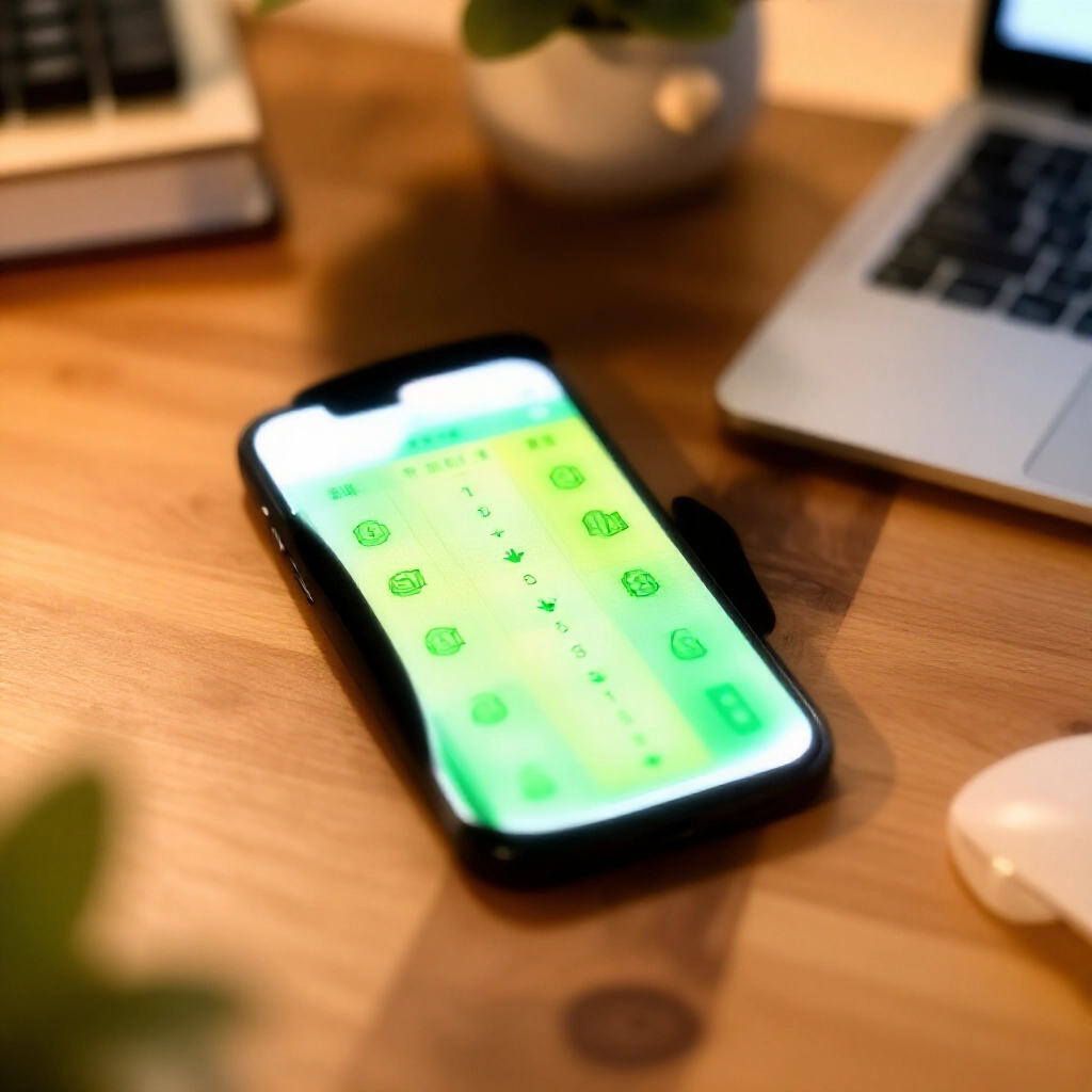 舒適家用辦公桌，智慧型手機計算器App顯示串關投注連鎖反應，金錢圖示在台灣運彩綠黃色調中反覆倍增，柔和溫暖燈光