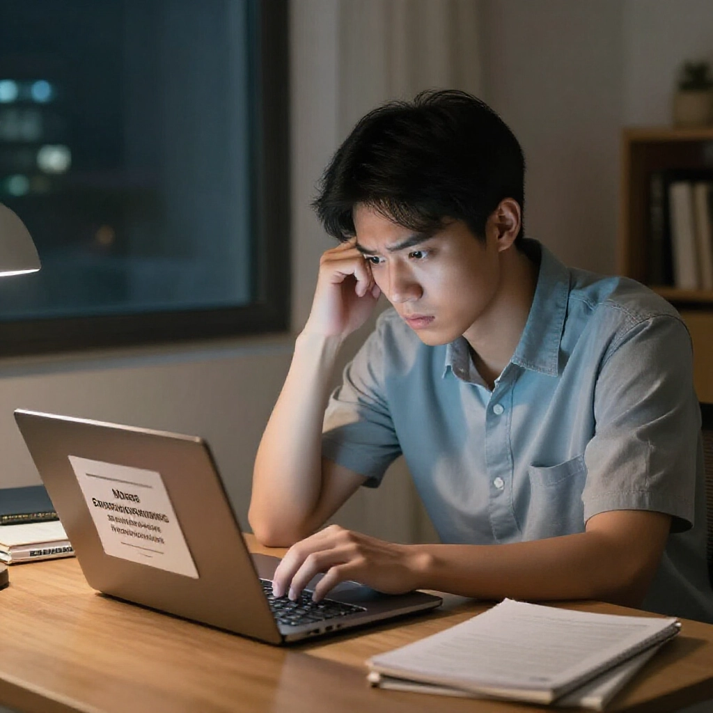 台灣年輕男子在家辦公室夜間擔憂盯著顯示博弈法律警告的筆電，周圍環繞法律書籍與記事本，營造焦慮卻專注氛圍