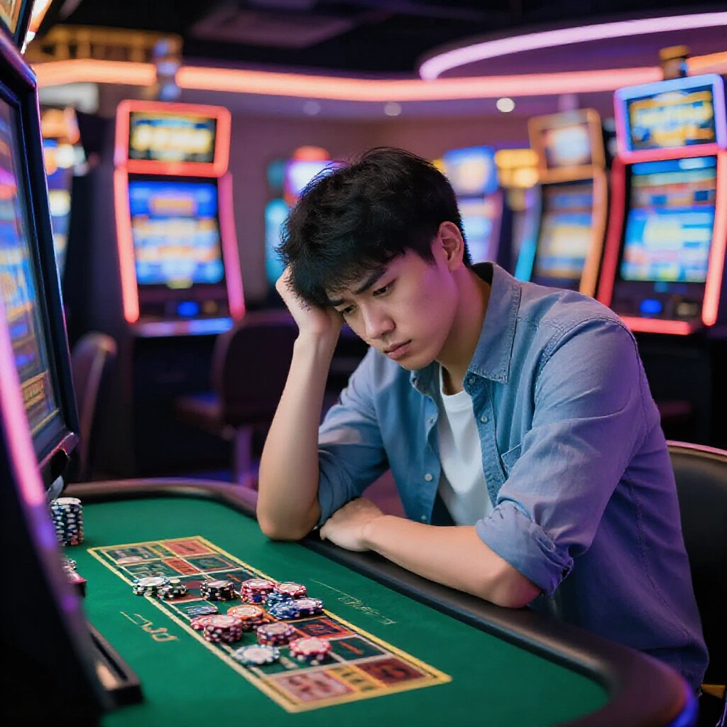 沮喪的年輕亞洲男子身穿休閒襯衫,緊張地坐在閃爍的老虎機前,燈光昏暗熱鬧的賭場中空錢盤與霓虹燈映照失望臉龐,綠桌上有散落籌碼