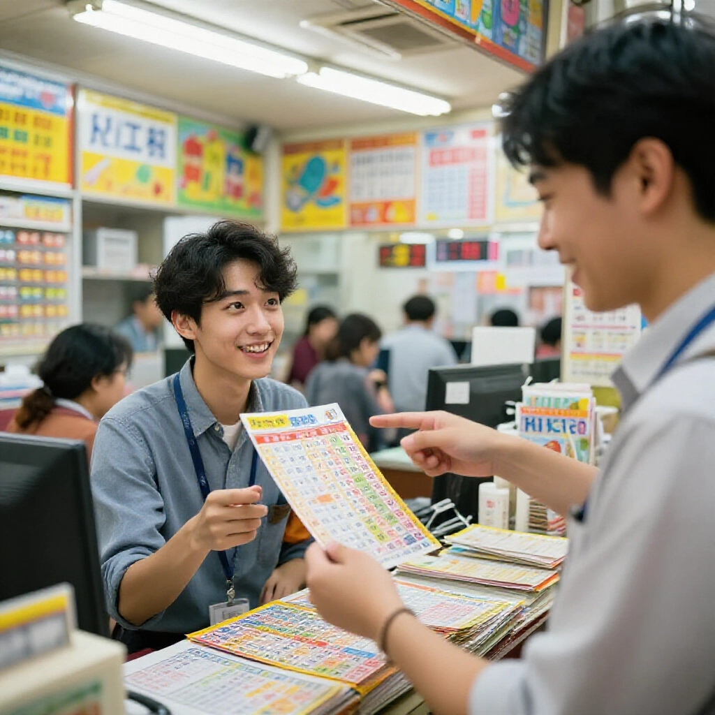 燈光明亮的台灣彩券投注站,年輕上班族手持彩色彩票標記五個號碼,親切店員微笑指著投注單,溫暖燈光與彩色海報營造熱鬧氛圍