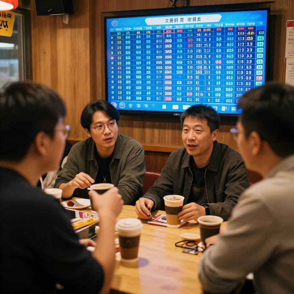 台灣彩券亭內玩家討論猜大小單雙策略,螢幕顯示藍色機率圖表,邊喝咖啡聊天,溫暖燈光熱烈氣氛