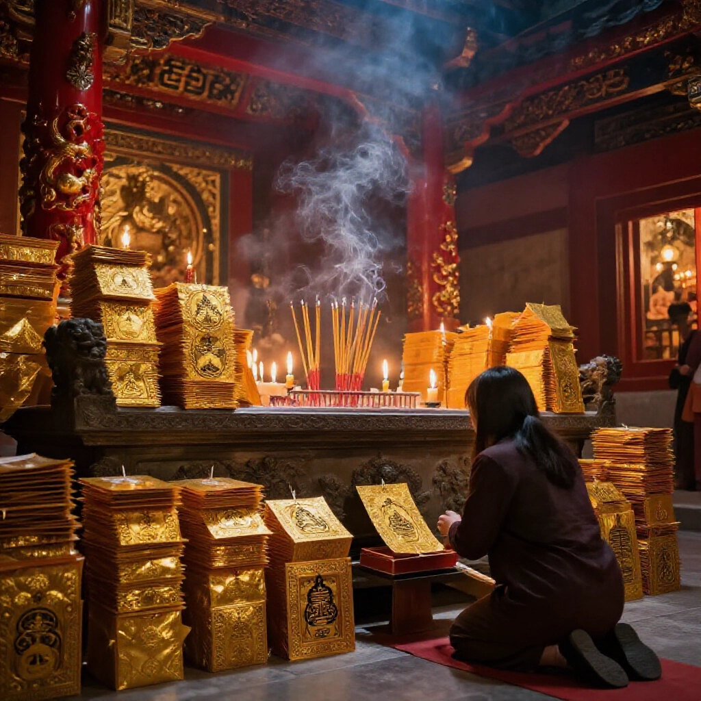台灣廟宇寧靜的祭壇,堆疊精緻折疊的天錢地錢水錢金紙,香煙裊裊上升,信眾跪拜祈禱,柔和燭光照亮紅色華麗裝飾,神祕莊嚴氛圍,豐富緋紅金色調