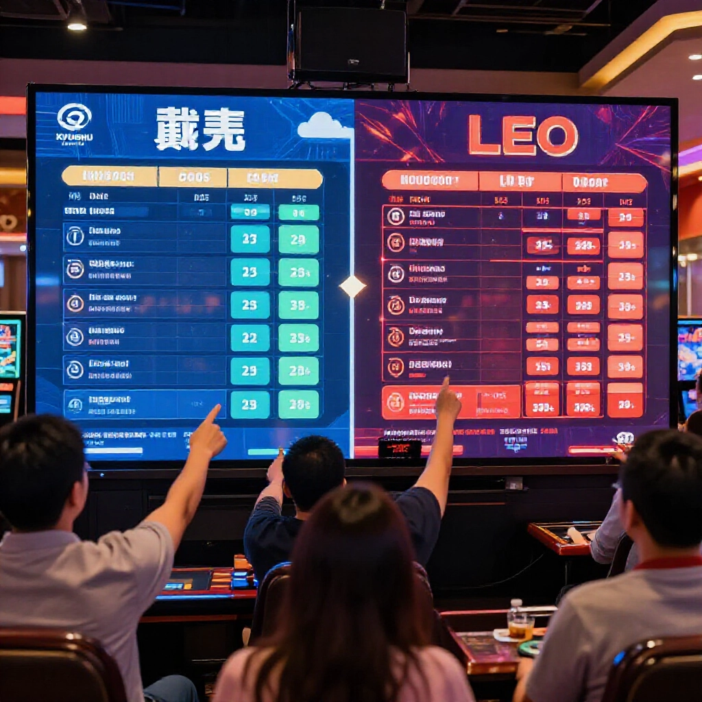 大型顯示器並排比較金大發介面與賠率表格,對比九州與 LEO,活力遊戲室玩家指向螢幕