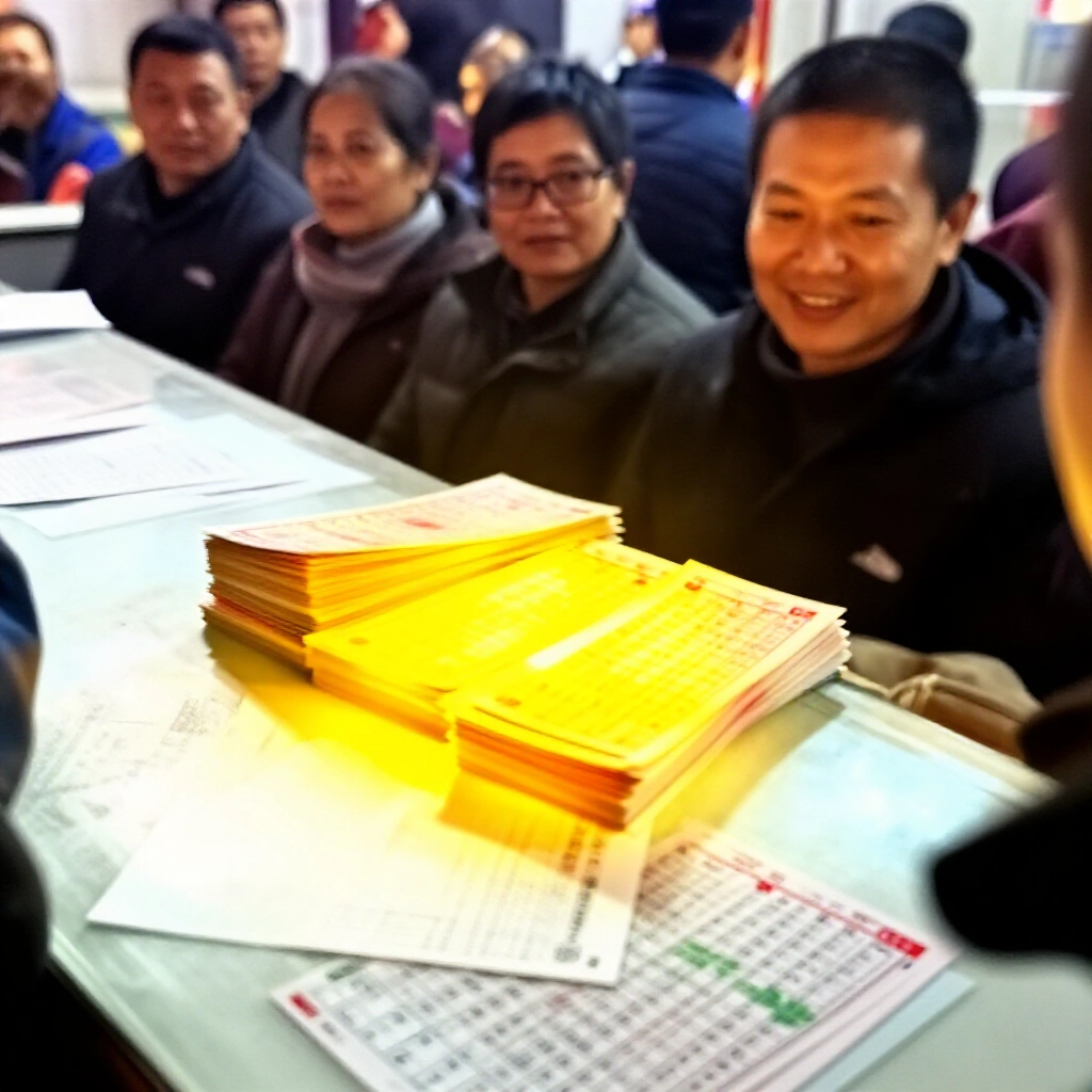 疊放的現金獎金在安全兌獎櫃檯旁發光,旁邊官方樂透券與民間投注單,滿意的得主輕柔微笑
