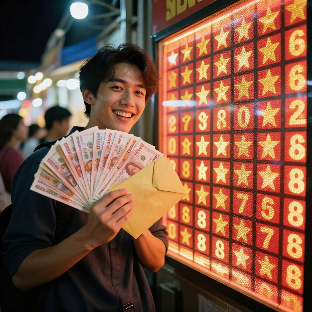 喜悅玩家緊握厚厚獎金信封，旁邊閃耀彩票開獎結果板突出星級獎項，以鮮豔紅金色調呈現熱鬧夜市場景