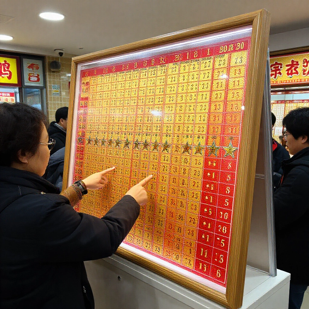 台灣投注站大型獎金表,紅金色調顯示星級獎金,興奮顧客圍觀指點特定金額,木框柔和燈光細節豐富