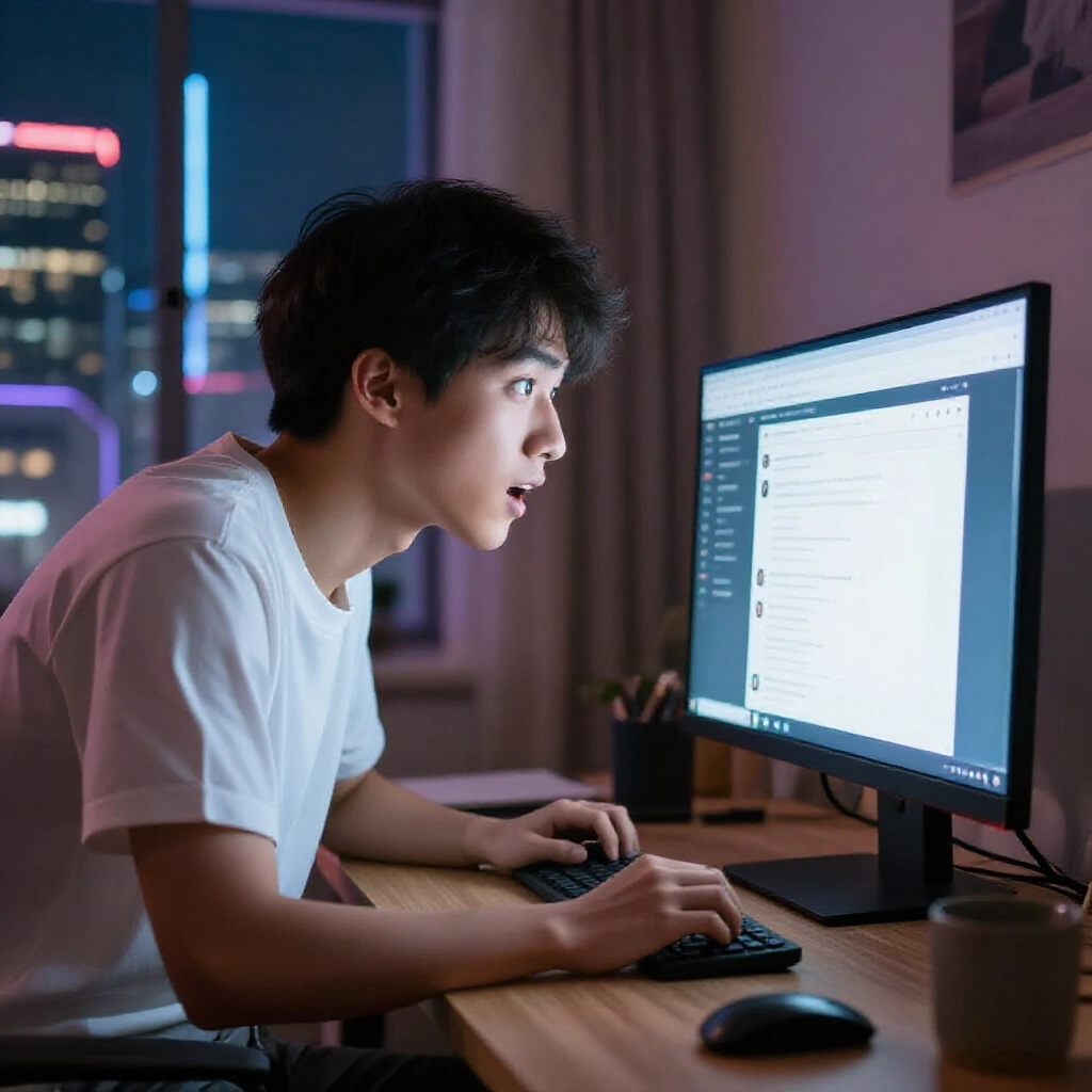 台灣年輕人穿T恤前傾盯著發光的電腦螢幕,顯示論壇討論串,興奮表情,舒適臥室外有霓虹城市天際線