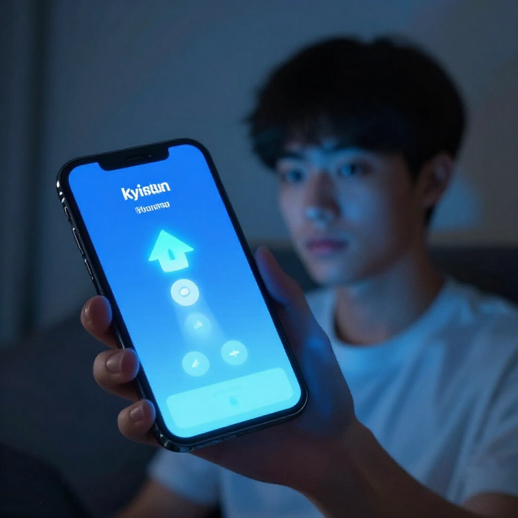 年輕台灣男子在昏暗房間中，手機螢幕發光，手指點擊九州App的提款按鈕，周圍藍色步驟箭頭指示流程