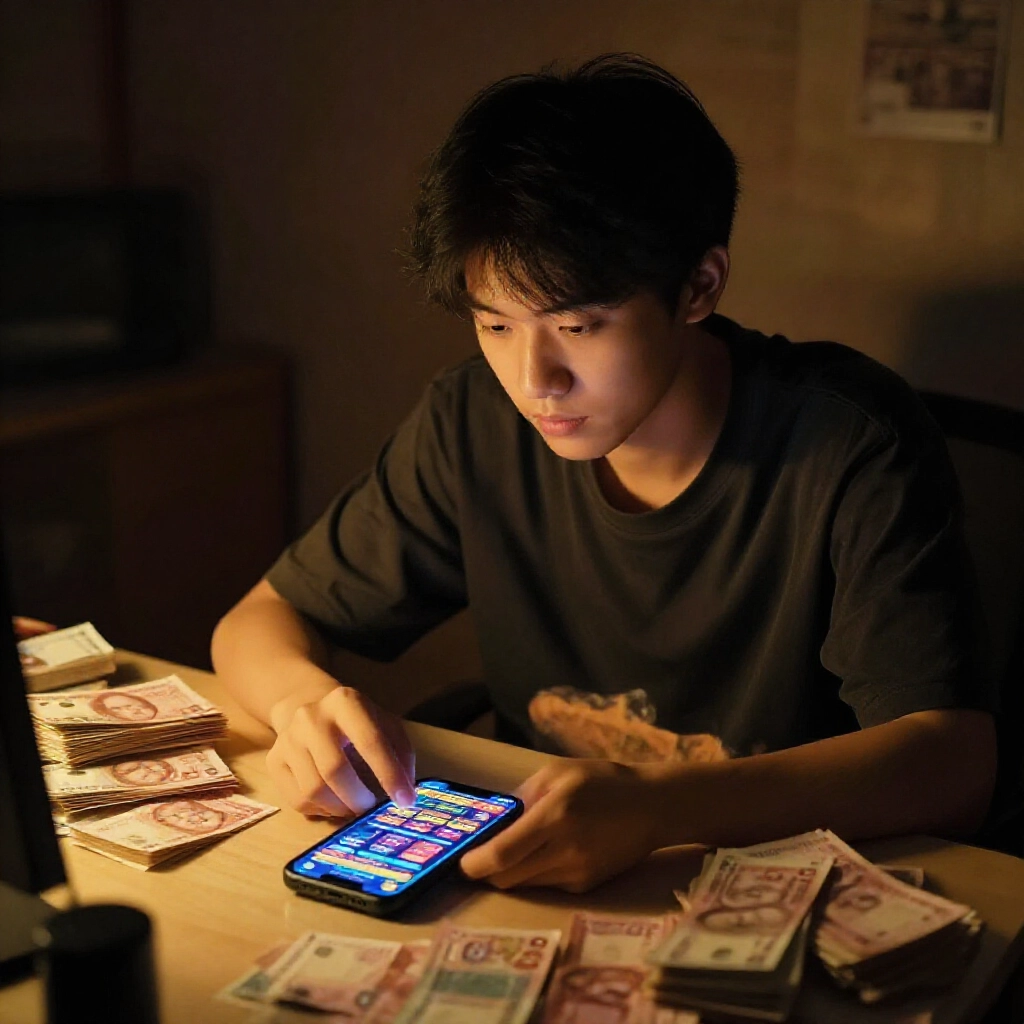年輕台灣男子坐在堆滿現金的雜亂辦公桌前,手機螢幕顯示線上娛樂城介面