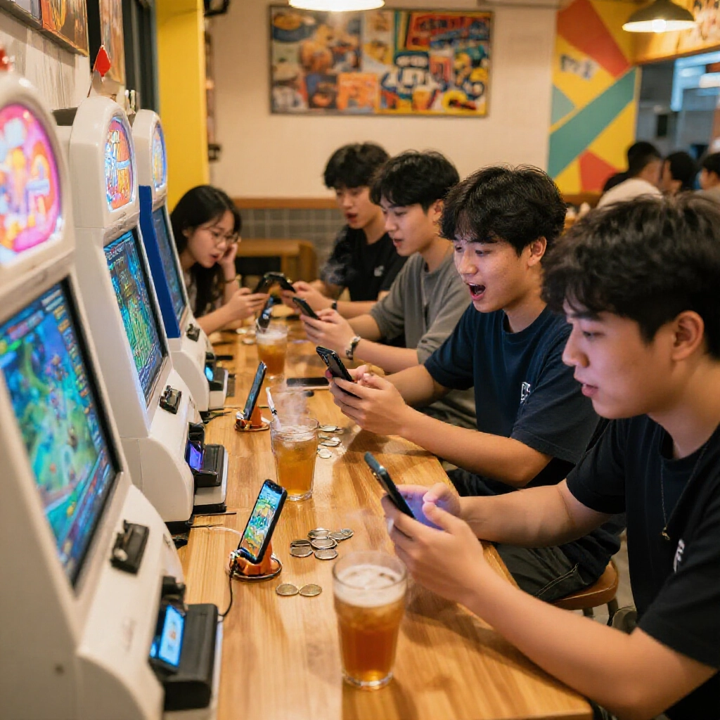 多元台灣玩家在活力咖啡廳圍著手機玩 RPG 遊戲與推幣機,獲利圖表上升,伴隨興奮表情與熱飲
