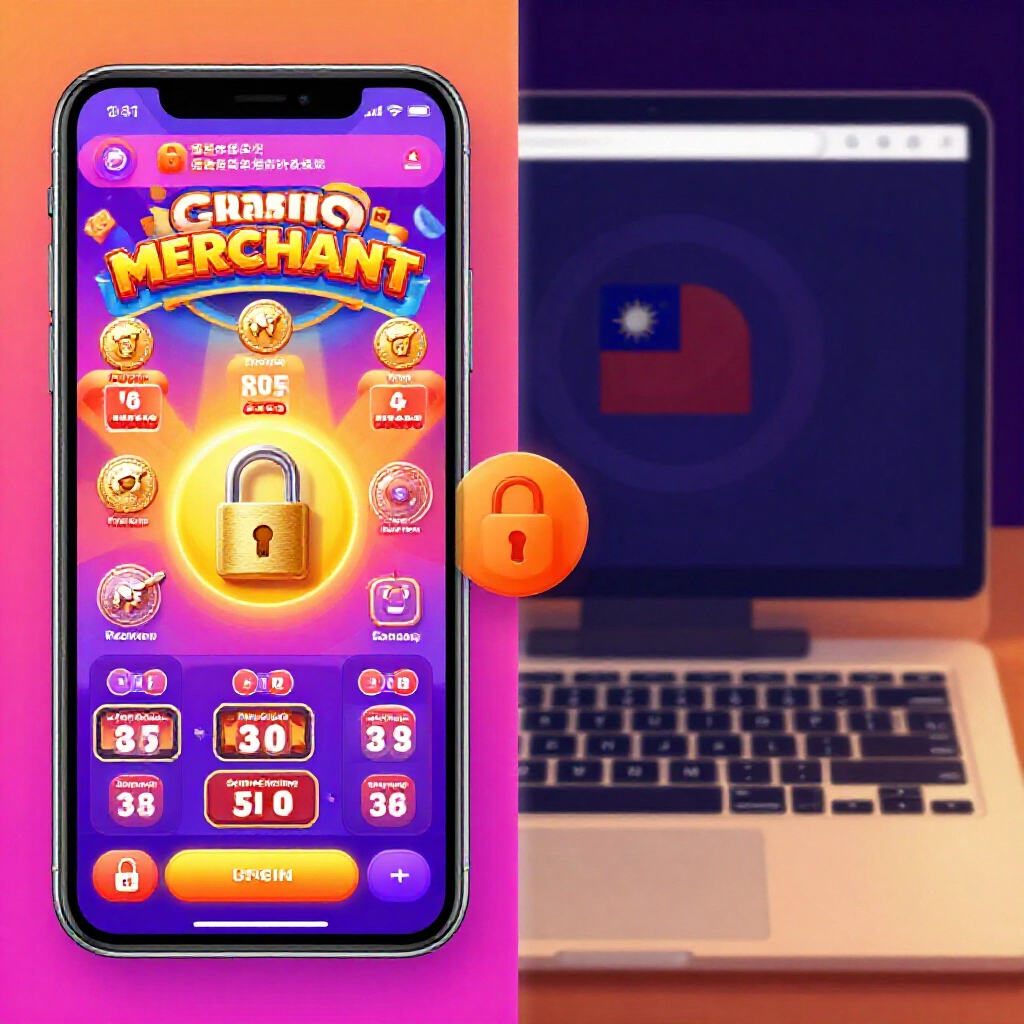 幣商遊戲手機App與現金娛樂城桌面網站對比圖示，附安全鎖與台灣國旗元素，生動資訊色調