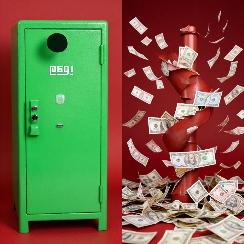 明亮綠色保險箱對比黑暗紅色債務漩渦,分屏顯示安全現金儲值與混亂信用投注狂熱