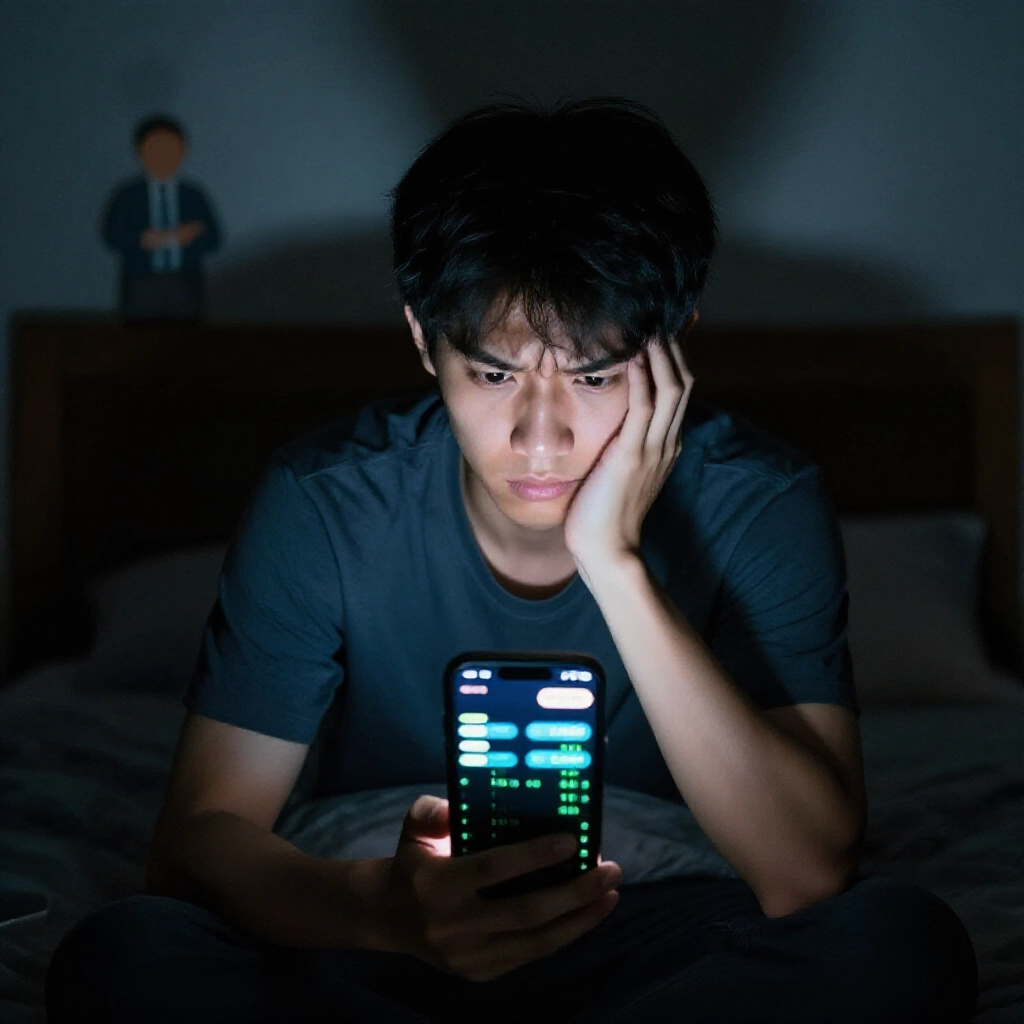 一位年輕焦慮的台灣男子在昏暗臥室，手機螢幕顯示假娛樂城獲利綠色數字上升，以及老師聊天泡泡在黑暗陰影中