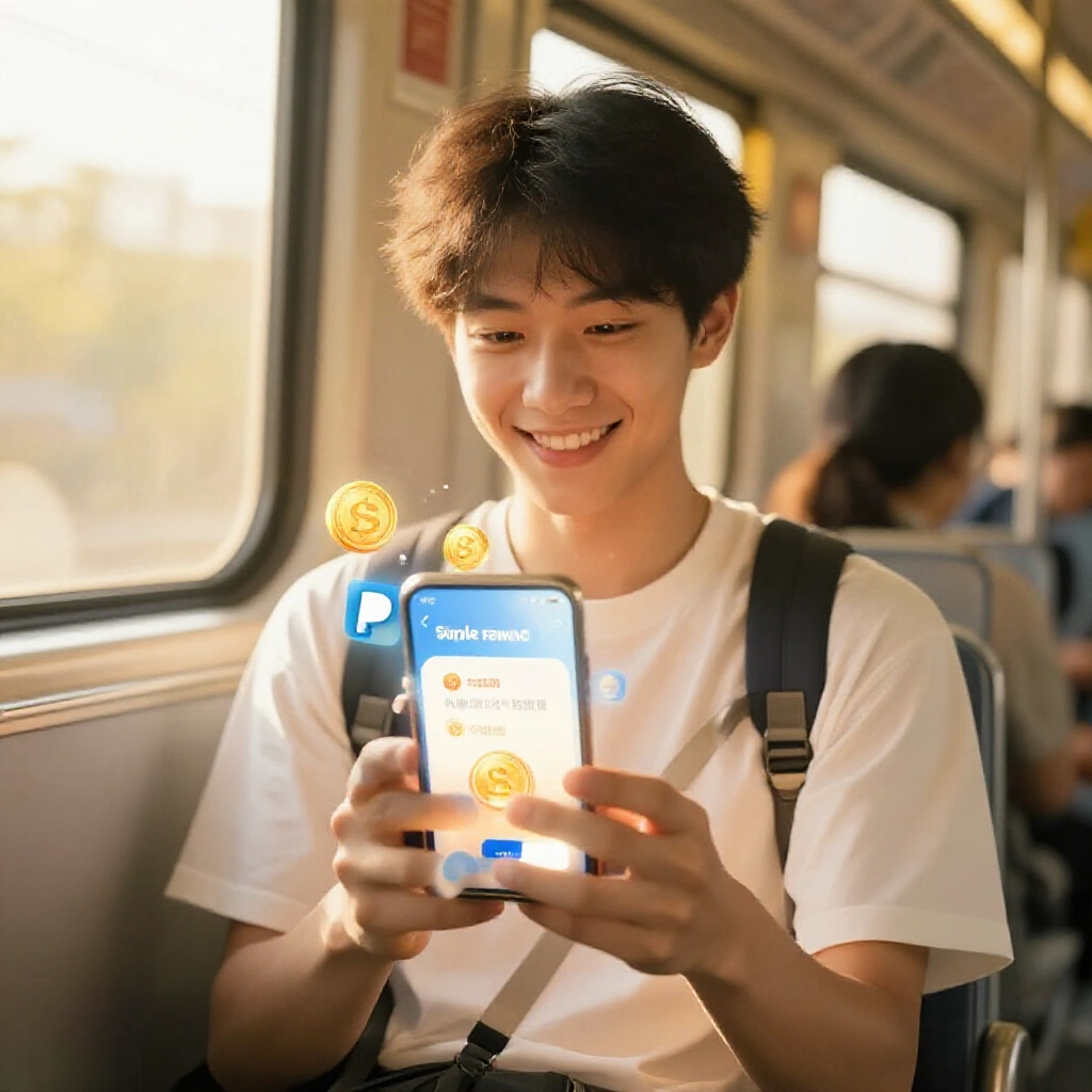 台灣通勤族在地鐵玩獎勵App,手機浮現金幣與Paypal圖示,微笑陽光氛圍