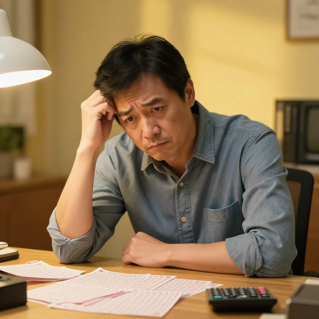 困惑的中年台灣男子坐在堆滿彩票單和計算器的木桌前,在柔和燈光下抓頭苦思